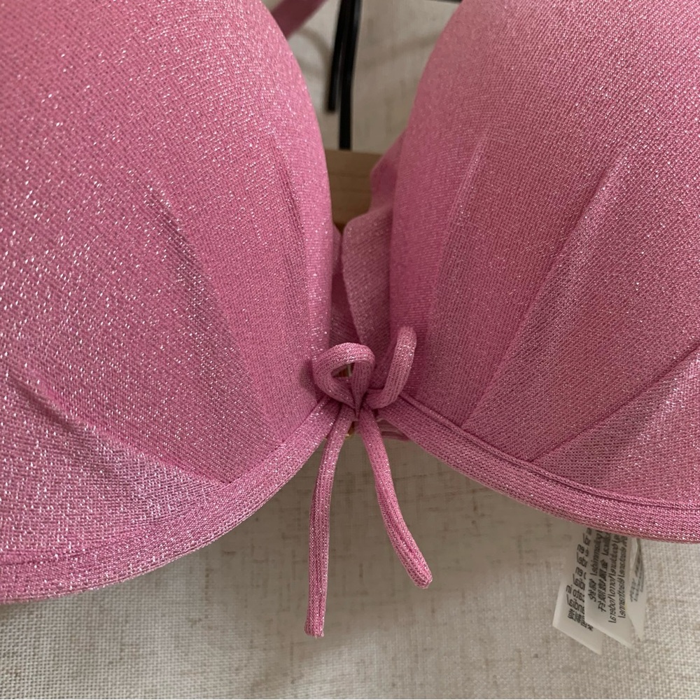Victorias Secret Sparkly Glitter Barbie Pink Moderate Push up Tie Bikini Top 36C - Picture 2 of 6
